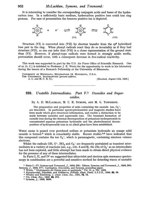 193. Unstable intermediates. Part V. Ozonides and superoxides
