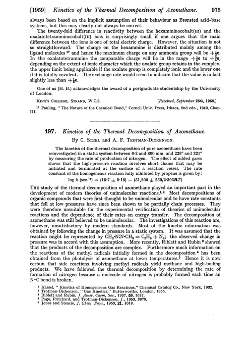 197. Kinetics of the thermal decomposition of azomethane