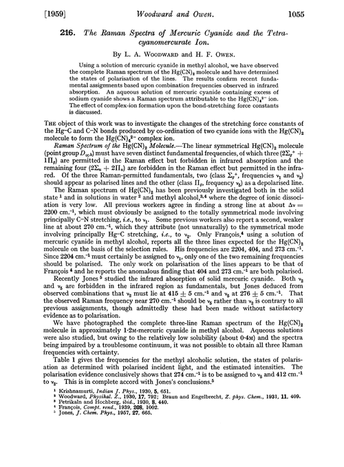 216. The Raman spectra of mercuric cyanide and the tetracyanomercurate ion