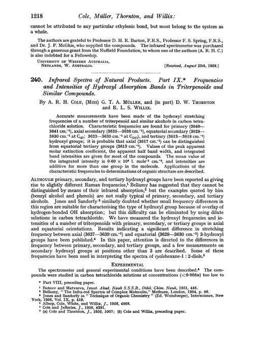240. Infrared spectra of natural products. Part IX. Frequencies and intensities of hydroxyl absorption bands in triterpenoids and similar compounds