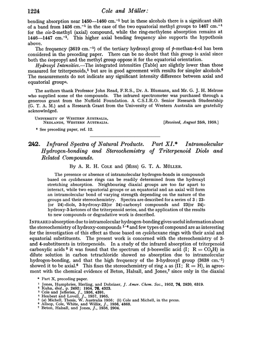 242. Infrared spectra of natural products. Part XI. Intramolecular hydrogen-bonding and stereochemistry of triterpenoid diols and related compounds