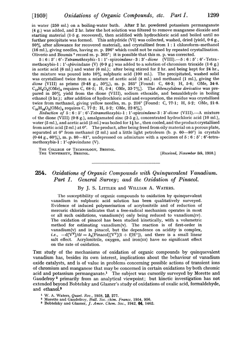 254. Oxidations of organic compounds with quinquevalent vanadium. Part I. General survey; and the oxidation of pinacol