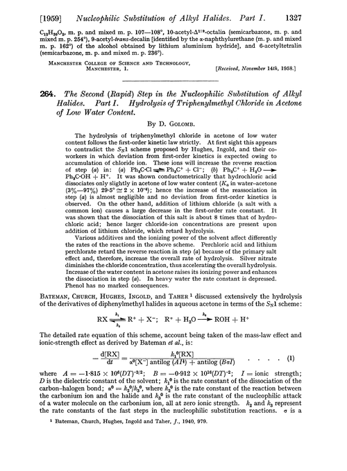 264. The second (rapid) step in the nucleophilic substitution of alkyl halides. Part I. Hydrolysis of triphenylmethyl chloride in acetone of low water content