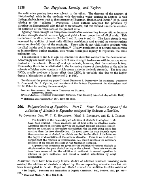 266. Polymerisation of epoxides. Part I. Some kinetic aspects of the addition of alcohols to epoxides catalysed by sodium alkoxides