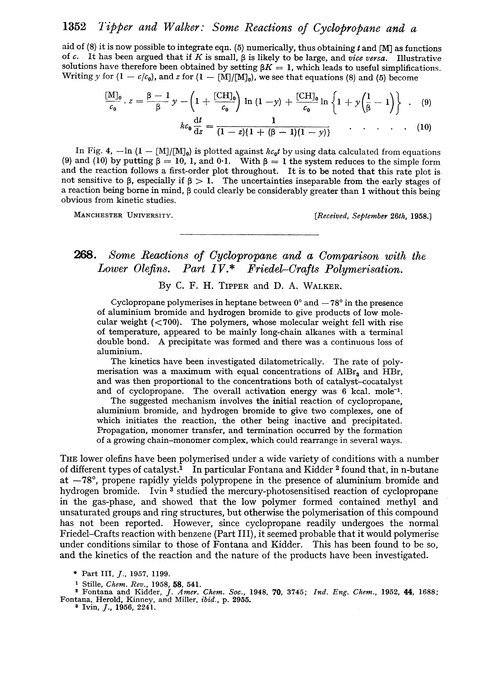 268. Some reactions of cyclopropane and a comparison with the lower olefins. Part IV. Friedel-Crafts polymerisation