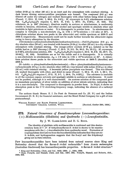 273. Natural occurrence of enantiomorphous leucoanthocyanidian: (+)-mollisacacidin (gleditsin) and quebracho(–)-leucofisetinidin