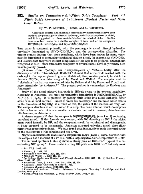 352. Studies on transition-metal–nitric oxide complexes. Part V. Nitric oxide complexes of tetrahedral bivalent nickel and some other metals