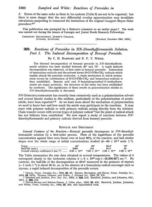 369. Reactions of peroxides in NN-dimethylformamide solution. Part I. The induced decomposition of benzoyl peroxide