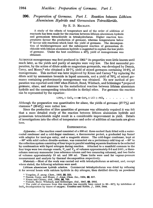 396. Preparation of germane. Part I. Reaction between lithium aluminium hydride and germanium tetrachloride