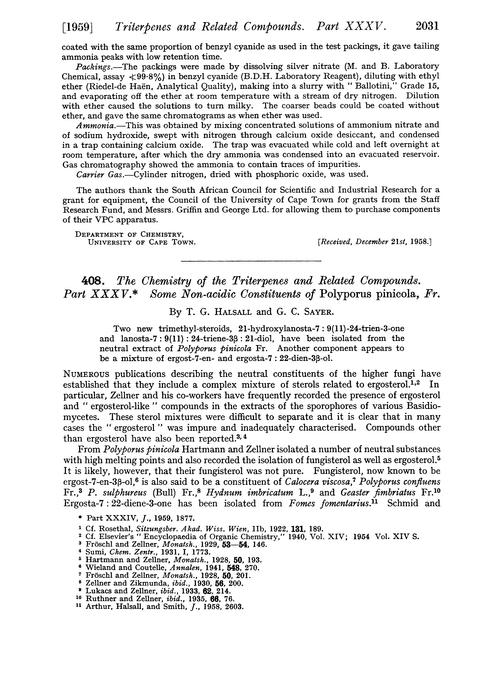 408. The chemistry of the triterpenes and related compounds. Part XXXV. Some non-acidic constituents of Polyporus pinicola, Fr.
