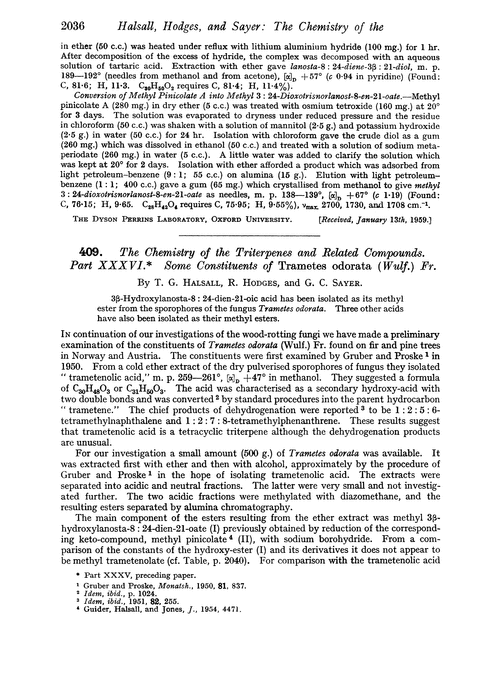 409. The chemistry of the triterpenes and related compounds. Part XXXVI. Some constituents of Trametes odorata(Wulf.) Fr.