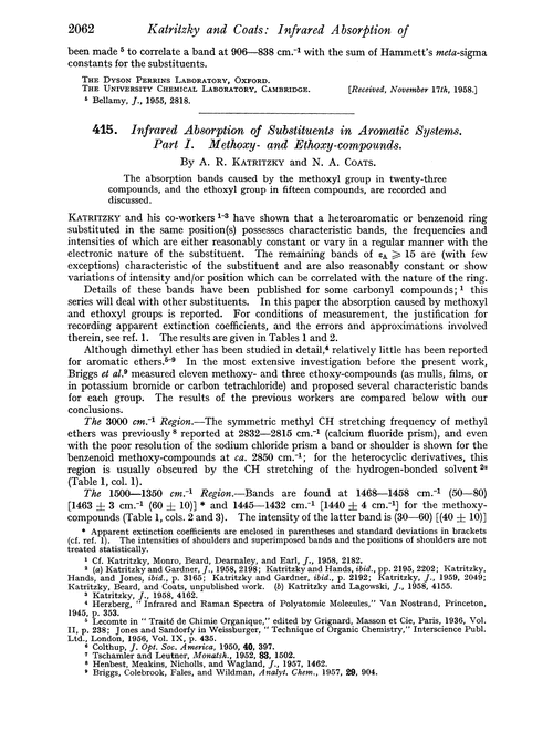 415. Infrared absorption of substituents in aromatic systemes. Part I. Methoxy- and ethoxy-compounds