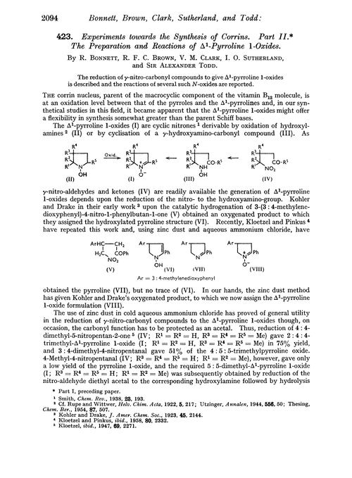423. Experiments towards the synthesis of corrins. Part II. The preparation and reactions of Δ1-pyrroline 1-oxides