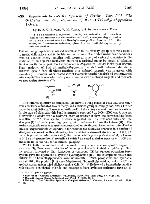 425. Experiments towards the synthesis of corrins. Part IV. The oxidation and ring expansion of 2 : 4 : 4-trimethyl-Δ1-pyrroline 1-oxide