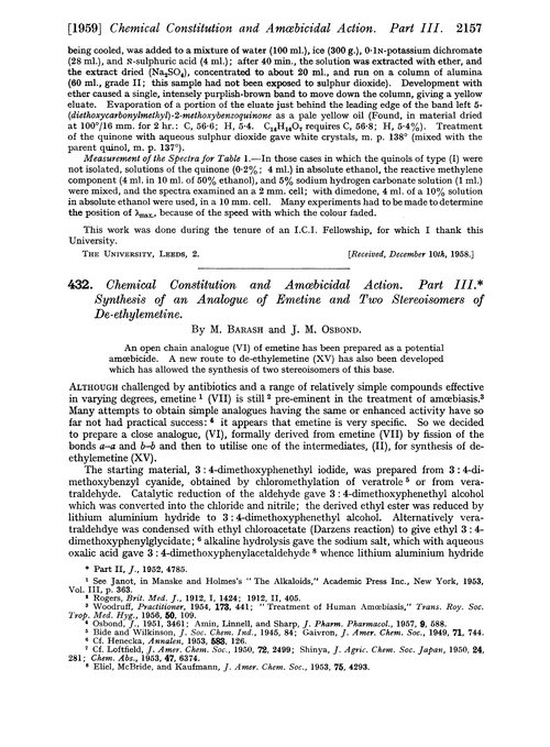 432. Chemical constitution and amoœbicidal action. Part II. Synthesis of an analogue of emetine and two stereoisomers of de-ethylemetine