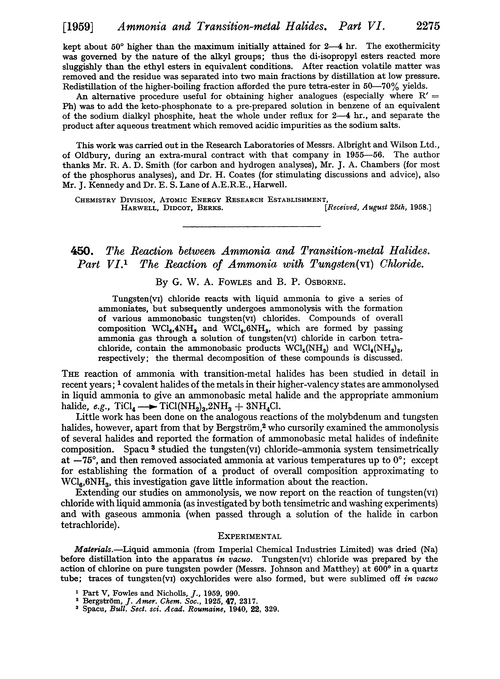 450. The reaction between ammonia and transition-metal halides. Part VI. The reaction of ammonia with tungsten (VI) chloride