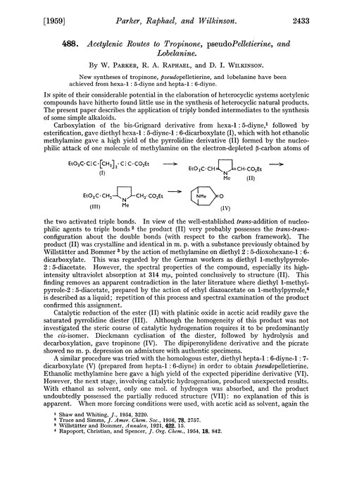 438. Acetylenic routes to tropinone, pseudopelletierine, and lobelanine