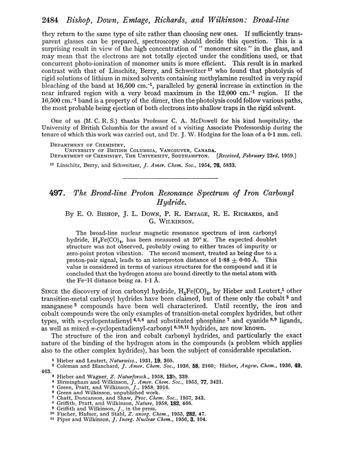 497. The broad-line proton resonance spectrum of iron carbonyl hydride