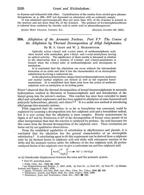 504. Alkylation of the aromatic nucleus. Part V. The course of the alkylation by thermal decomposition of alkyl sulphonates