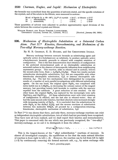 506. Mechanism of electrophilic substitution at a saturated carbon atom. Part II. Kinetics, stereochemistry, and mechanism of the two-alkyl mercury-exchange reaction