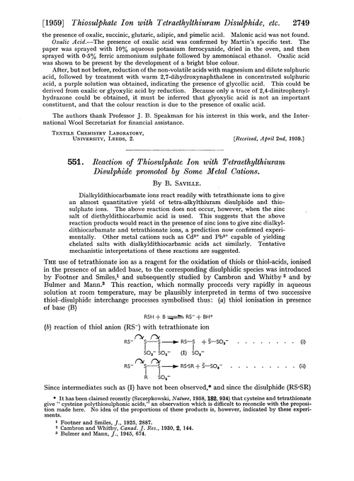 551. Reaction of thiosulphate ion with tetraethylthiuram disulphide promoted by some metal cations