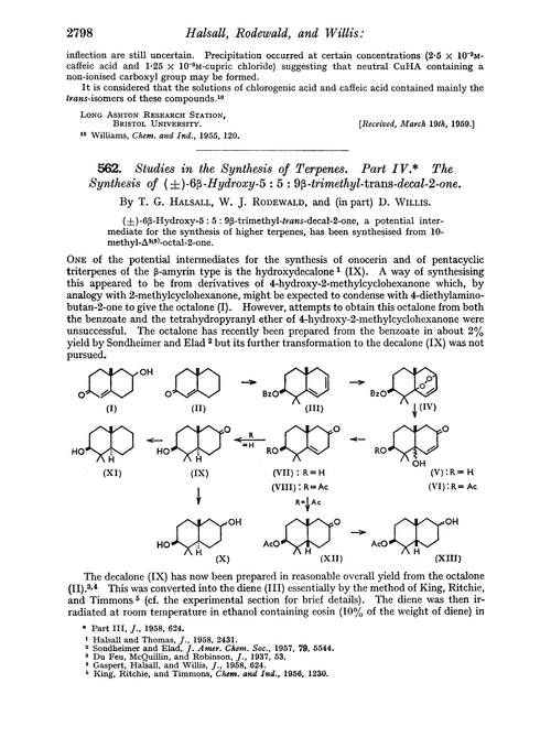 562. Studies in the synthesis of terpenes. Part IV. The synthesis of (±)-6β-hydroxy-5 : 5 : 9β-trimethyl-trans-decal-2-one