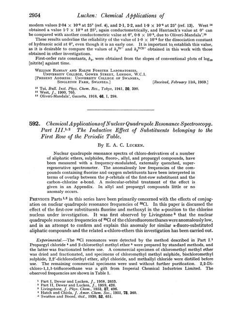 592. Chemical applications of nuclear quadrupole resonance spectroscopy. Part III. The inductive effect of substituents belonging to the first row of the periodic table