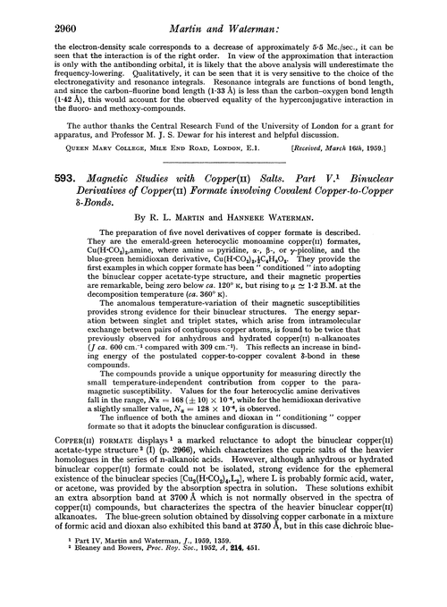 593. Magnetic studies with copper(II) salts. Part V. Binuclear derivatives of copper(II) formate involving covalent copper-to-copper δ-bonds