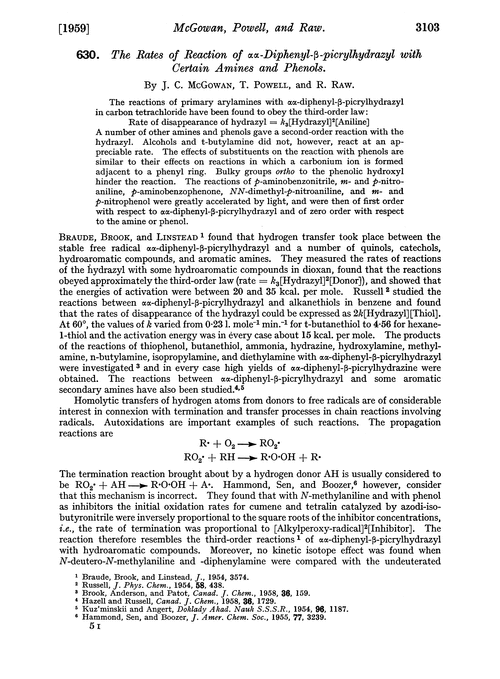630. The rates of reaction of αα-diphenyl-β-picrylhydrazyl with certain amines and phenols