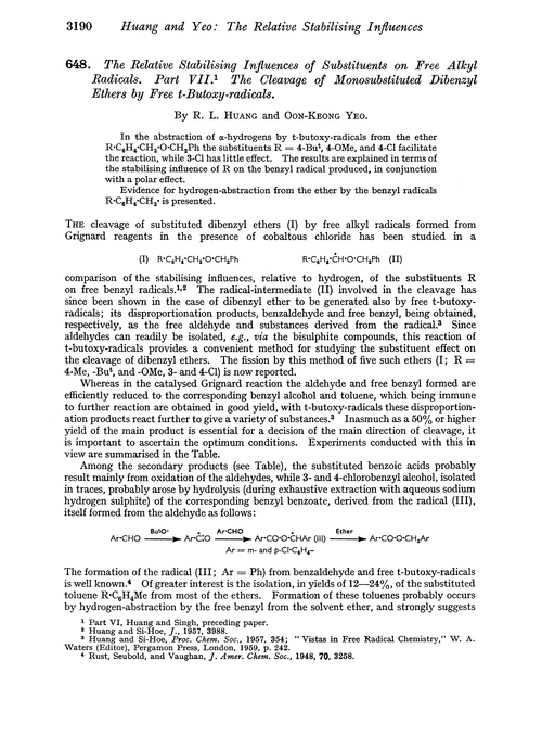 648. The relative stabilising influences of substituents on free alkyl radicals. Part VII. The cleavage of monosubstituted dibenzyl ethers by free t-butoxy-radicals