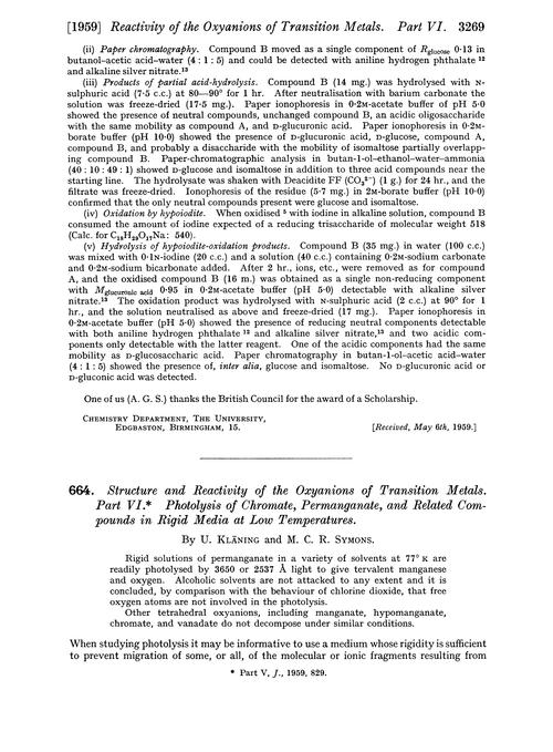 664. Structure and reactivity of the oxyanions of transition metals. Part VI. Photolysis of chromate, permanganate, and related compounds in rigid media at low temperatures