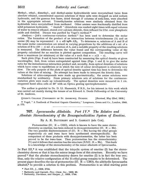 707. Ipecacuanha alkaloids. Part IV. The relative and absolute stereochemistry of the benzoquinolizidine system of emetine