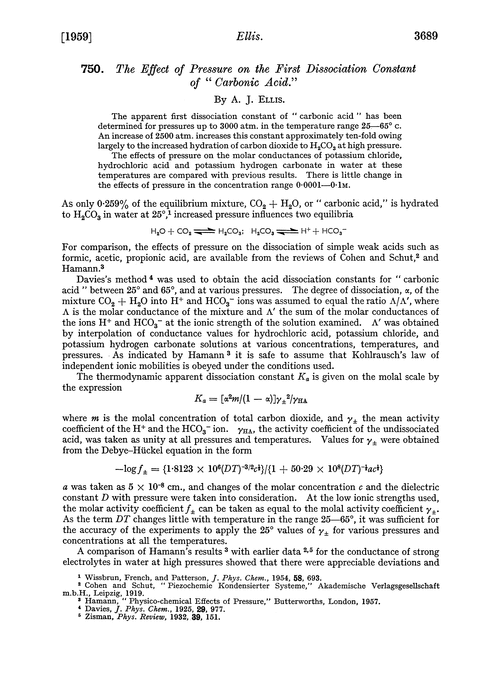750. The effect of pressure on the first dissociation constant of “carbonic acid”