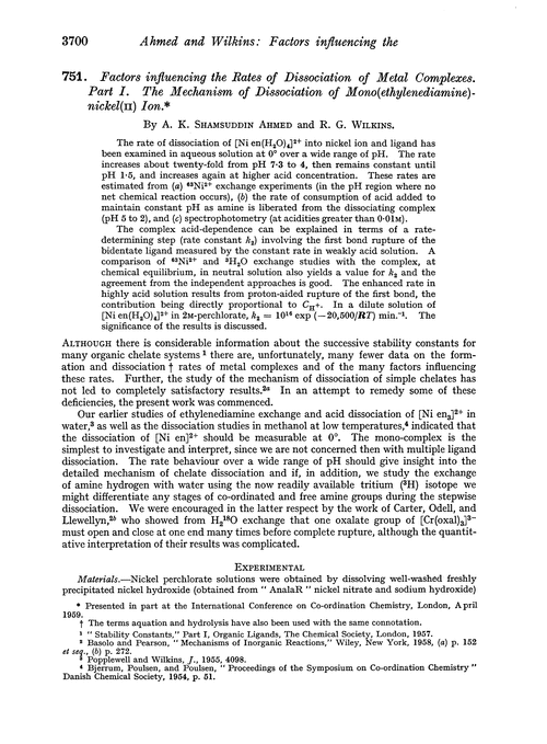 751. Factors influencing the rates of dissociation of metal complexes. Part I. The mechanism of dissociation of mono(ethylenediamine)-nickel(II) ion