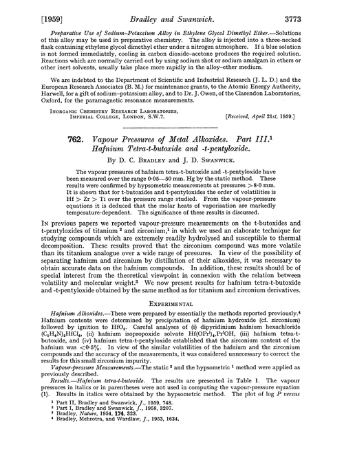 762. Vapour pressures of metal alkoxides. Part III. Hafnium tetra-t-butoxide and -t-pentyloxide