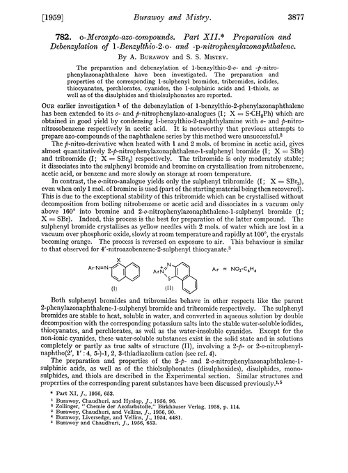 782. O-mercapto-azo-compounds. Part XII. Preparation and debenzylation of 1-benzylthio-2-o- and -p-nitrophenylazonaphthalene
