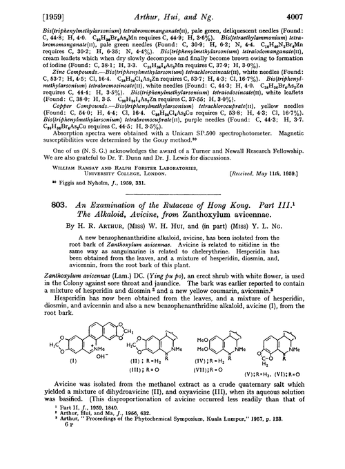 803. An examination of the rutaceae of Hong Kong. Part III. The alkaloid, avicine, from Zanthoxylum avicennae