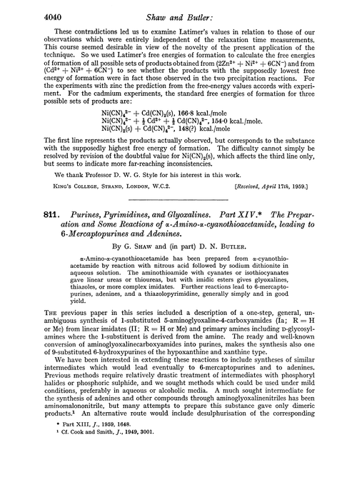 811. Purines, pyrimidines, and glyoxalines. Part XIV. The preparation and some reactions of α-amino-α-cyanothioacetamide, leading to 6-mercaptopurines and adenines