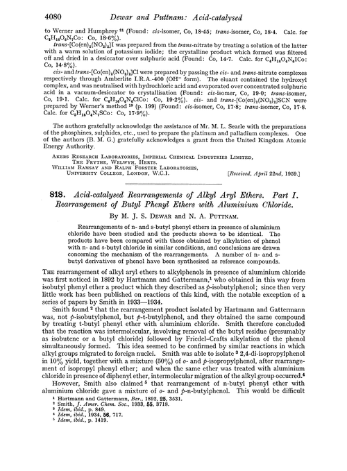 818. Acid-catalysed rearrangements of alkyl aryl ethers. Part I. Rearrangement of butyl phenyl ethers with aluminium chloride