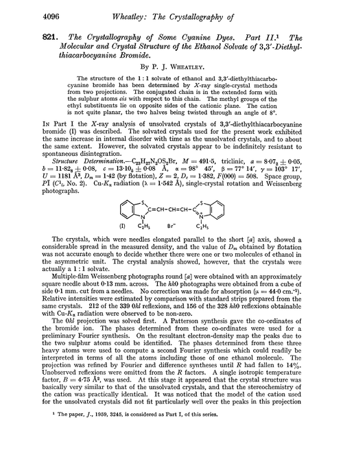 821. The crystallography of some cyanine dyes. Part II. The molecular and crystal structure of the ethanol solvate of 3,3′-diethylthiacarbocyanine bromide