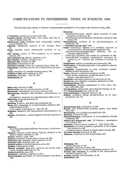 Communications to Proceedings: index of subjects, 1959