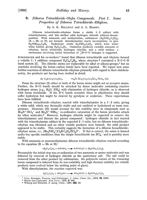 9. Diboron tetrachloride–olefin compounds. Part I. Some properties of diboron tetrachloride–ethylene