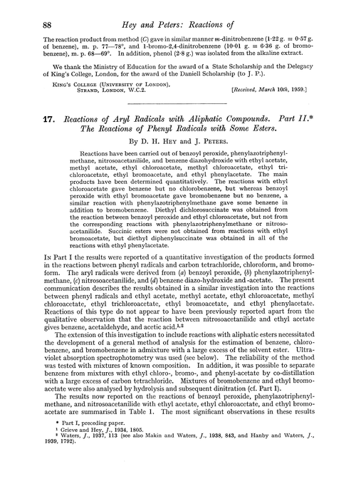 17. Reactions of aryl radicals with aliphatic compounds. Part II. The reactions of phenyl radicals with some esters