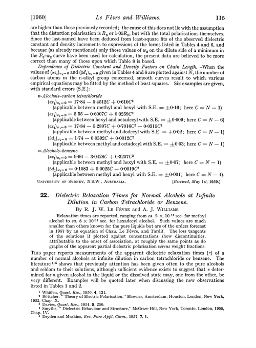 22. Dielectric relaxation times for normal alcohols at infinite dilution in carbon tetrachloride or benzene