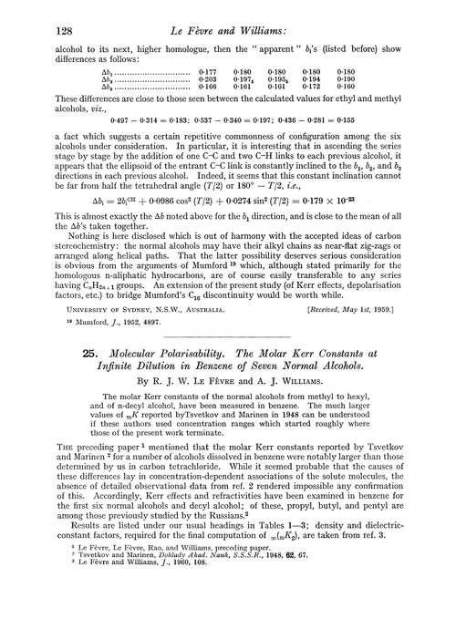 25. Molecular polarisability. The molar Kerr constants at infinite dilution in benzene of seven normal alcohols