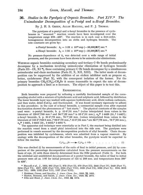 36. Studies in the pyrolysis of organic bromides. Part XIV. The unimolecular decomposition of n-pentyl and n-hexyl bromides