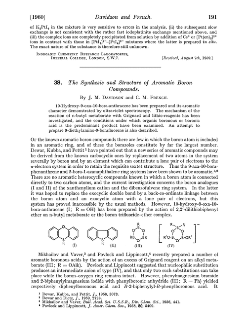 38. The synthesis and structure of aromatic boron compounds