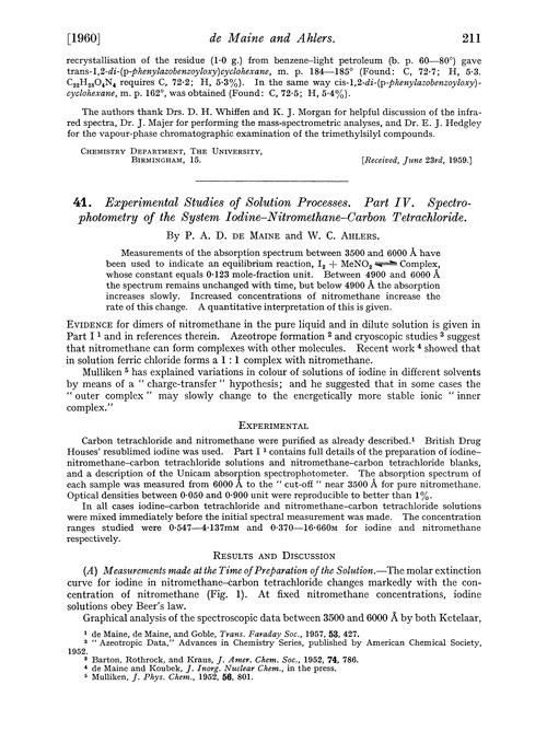 41. Experimental studies of solution processes. Part IV. Spectrophotometry of the system iodine–nitromethane–carbon tetrachloride