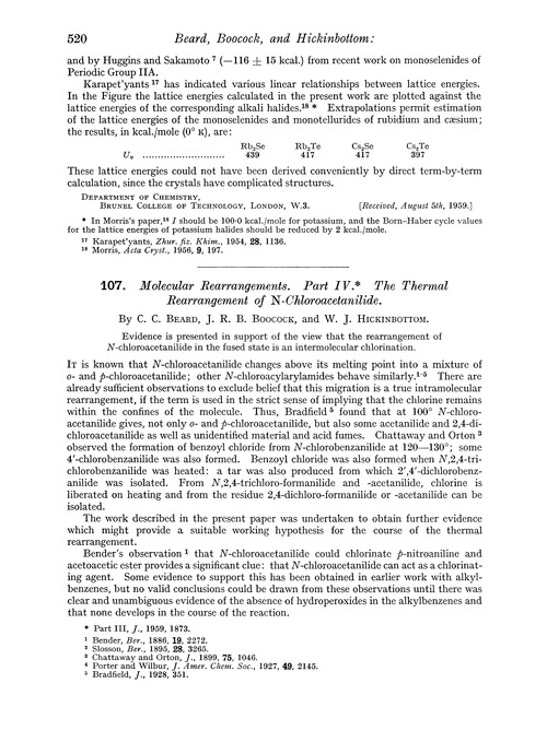 107. Molecular rearrangements. Part IV. The thermal rearrangement of N-chloroacetanilide