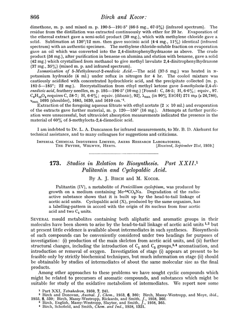 173. Studies in relation to biosynthesis. Part XXII. Palitantin and cyclopaldic acid